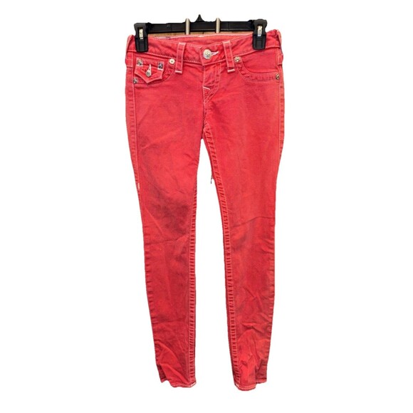 True Religion Jeans Red Denim Skinny Leg White Tag 25x33” Zip Flap Pockets - Picture 2 of 10